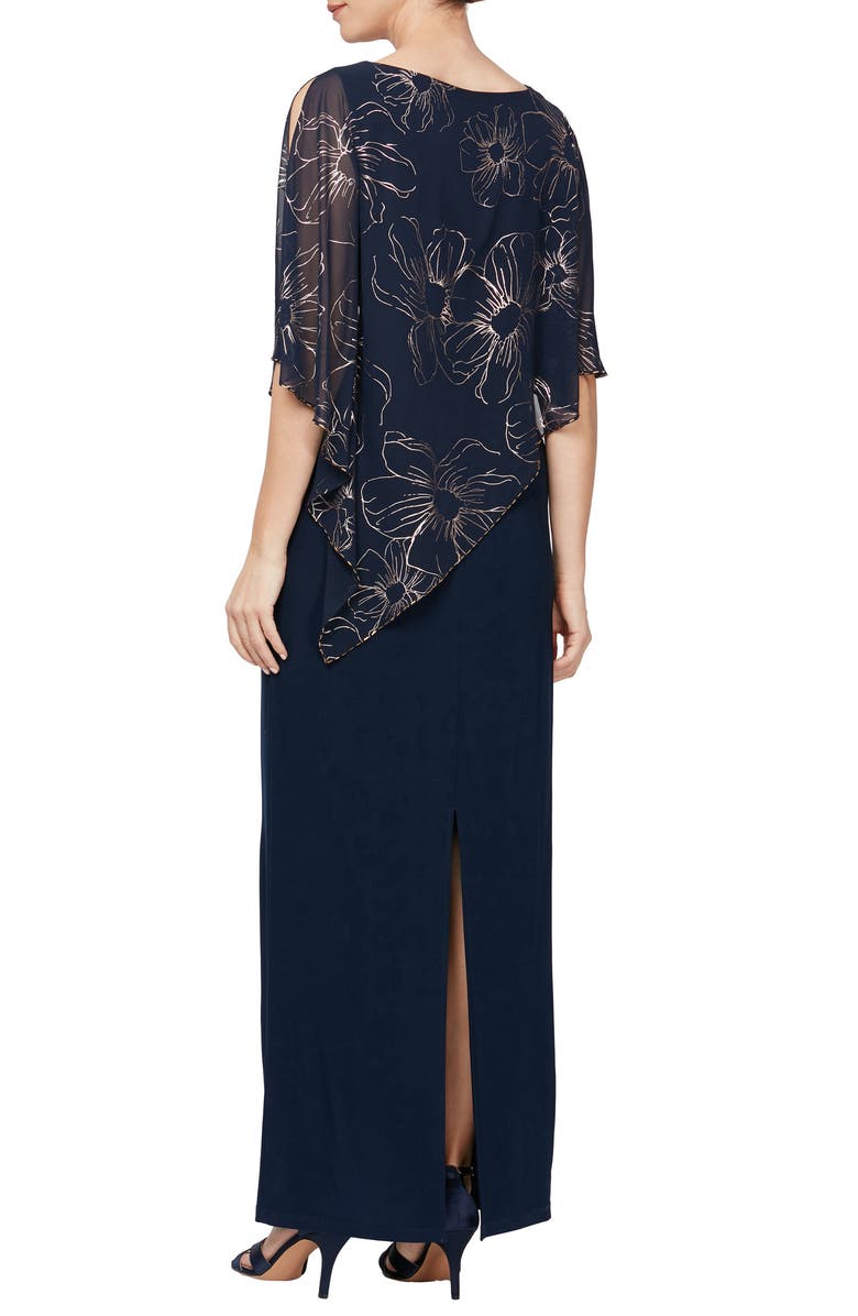 SL FASHIONS Metallic Chiffon Overlay Gown, Alternate, color, Navy/ Rose Gold