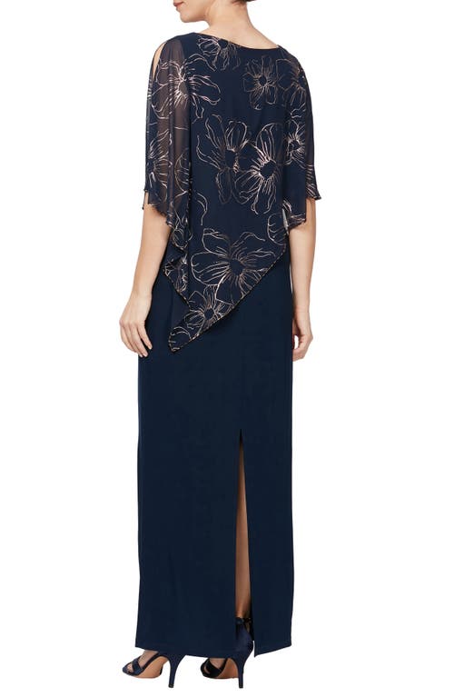 Sl Fashions Metallic Chiffon Overlay Gown In Navy/rose Gold