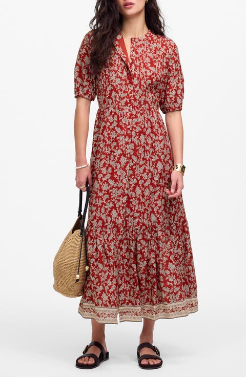 Pintucked Puff Sleeve Midi Dress