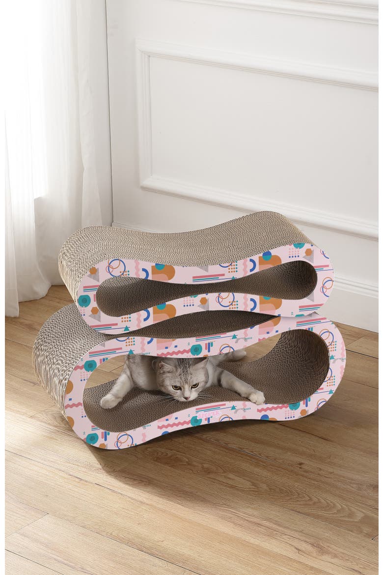 Suvi Modern Cardboard Infinity 2-in-1 Lounge Bed Cat Scratcher with Catnip, Alternate, color, Multi Colored