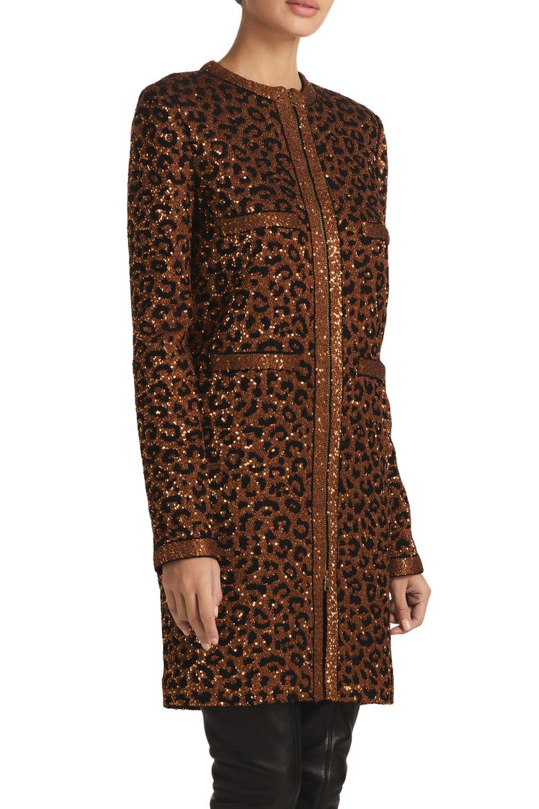 Sequin Leopard Jacquard Long Jacket, Alternate, color, CARAMEL/ COPPER MULTI