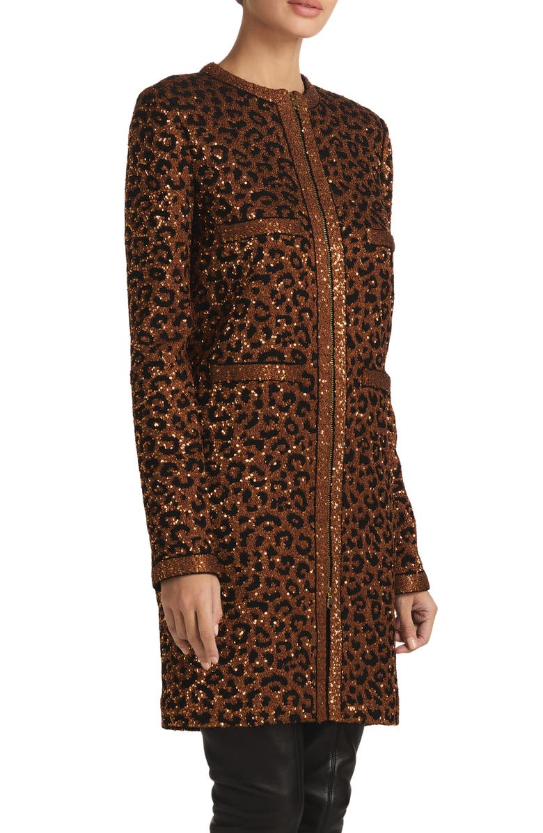 St. John Evening Sequin Leopard Jacquard Long Jacket, Alternate, color,