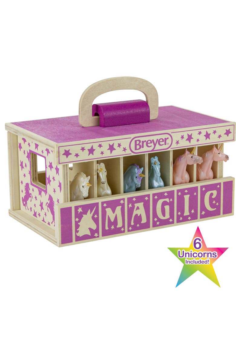 Horses Unicorn Magic Wooden Stable Playset with 6 Unicorns, 132 Scale, Main, color, Multicolored
