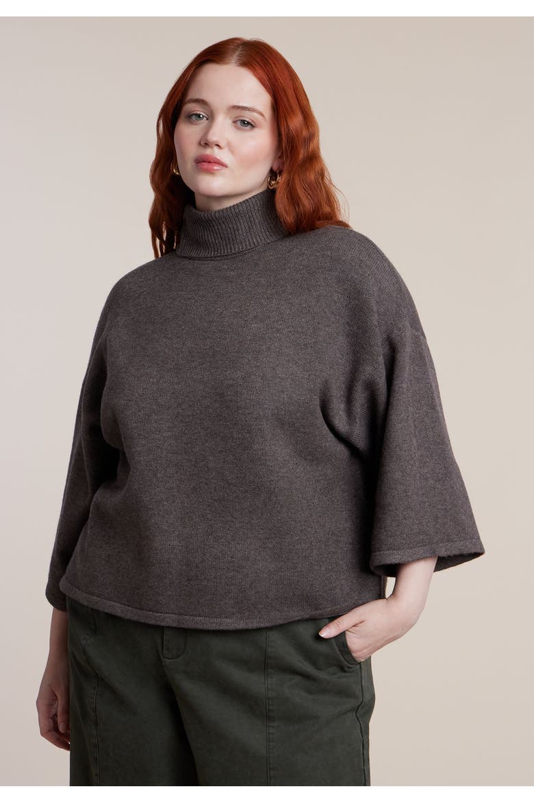 Boxy Three Quarter Sleeve Turtleneck, Main, color, SHAVED CHOCOLATE