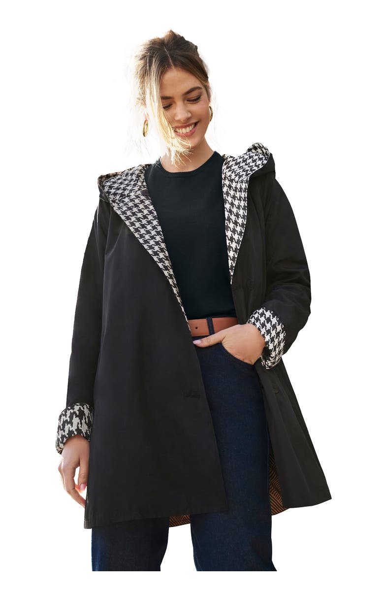 Jessica London Reversible A-Line Raincoat, Main, color, White Houndstooth
