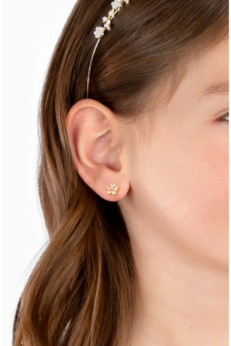 14K Gold Genuine Bloom Mother of Pearl Flower Studs Screw Back Earrings, Alternate, color, 14K Yellow Gold