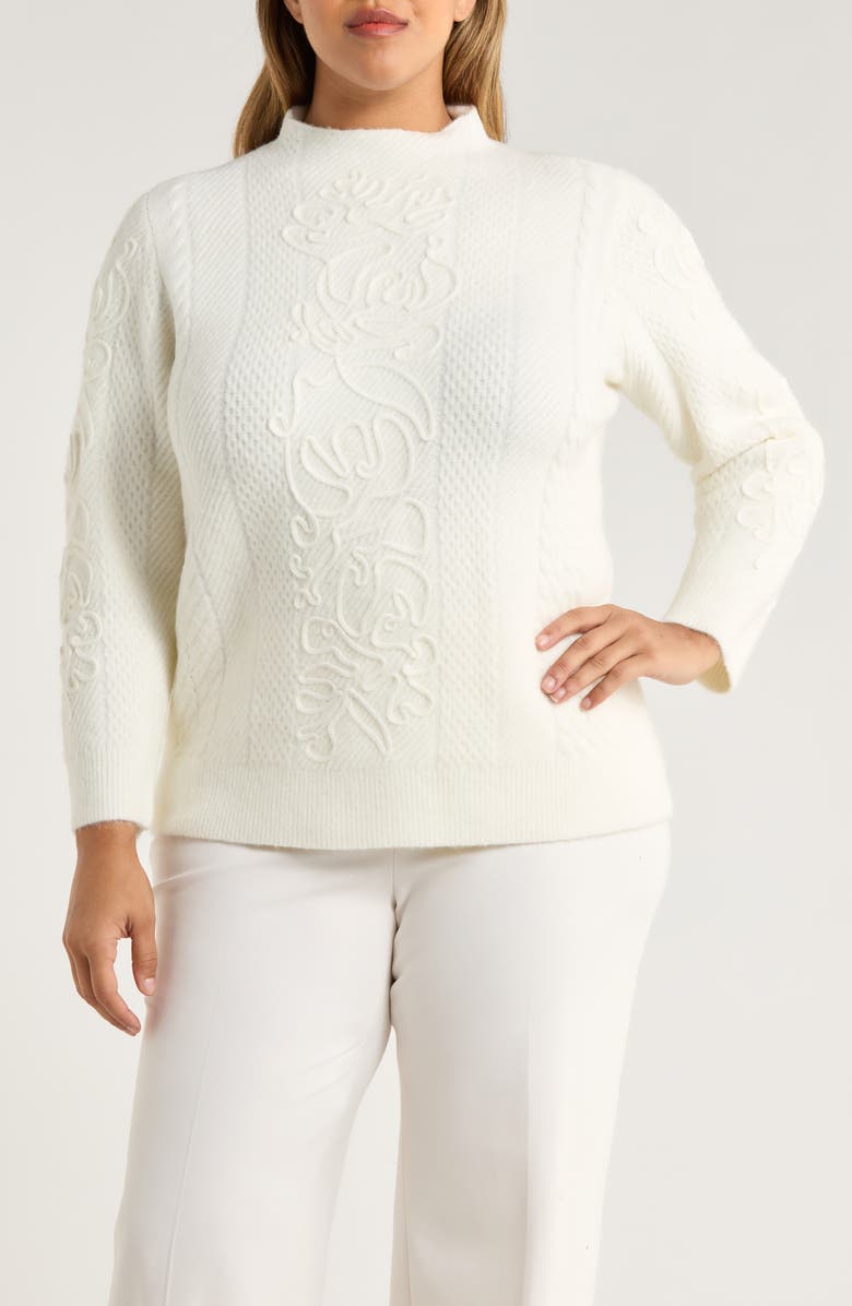 Anne Klein Embroidered Funnel Neck Sweater, Main, color, White Dove