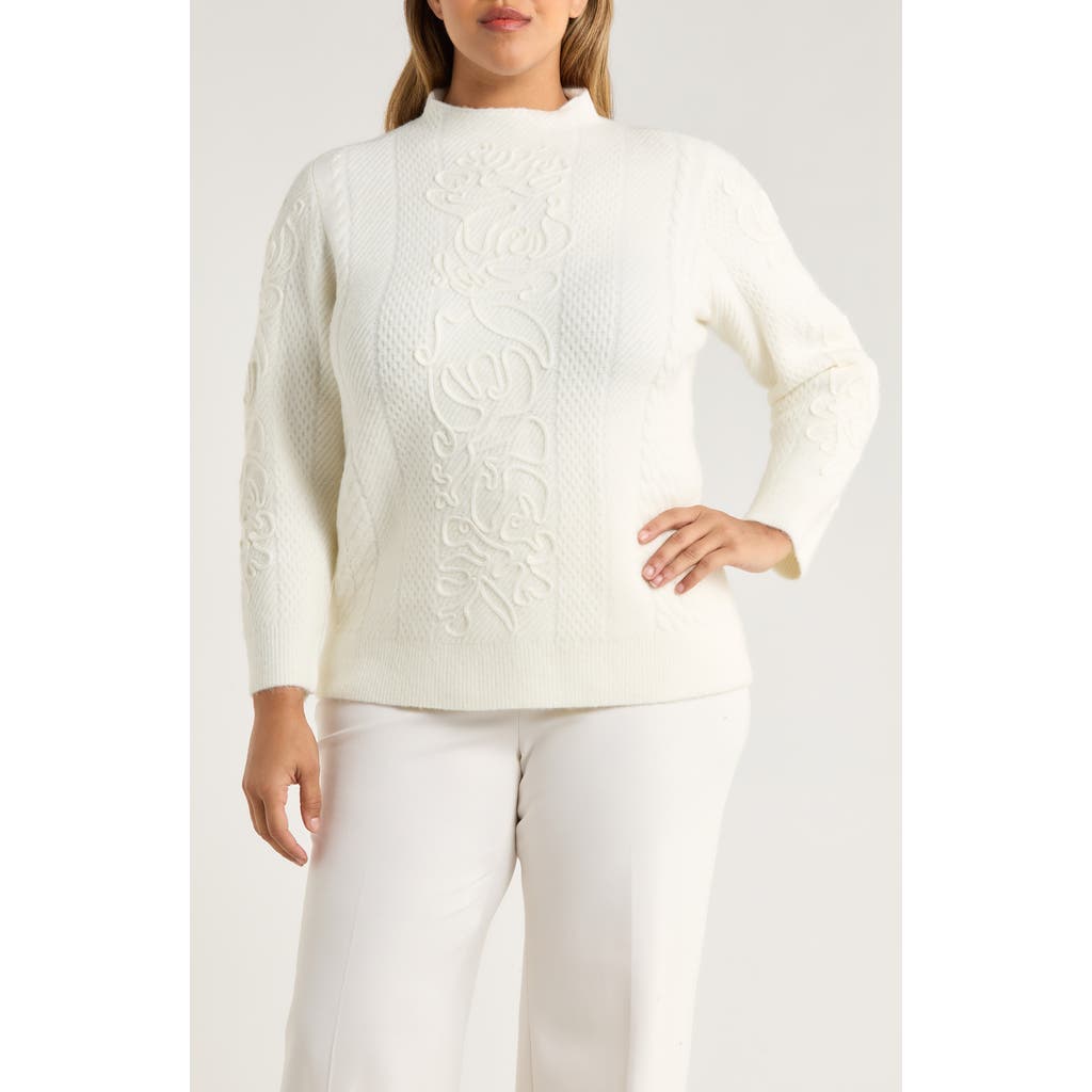 Anne Klein Embroidered Funnel Neck Sweater In White