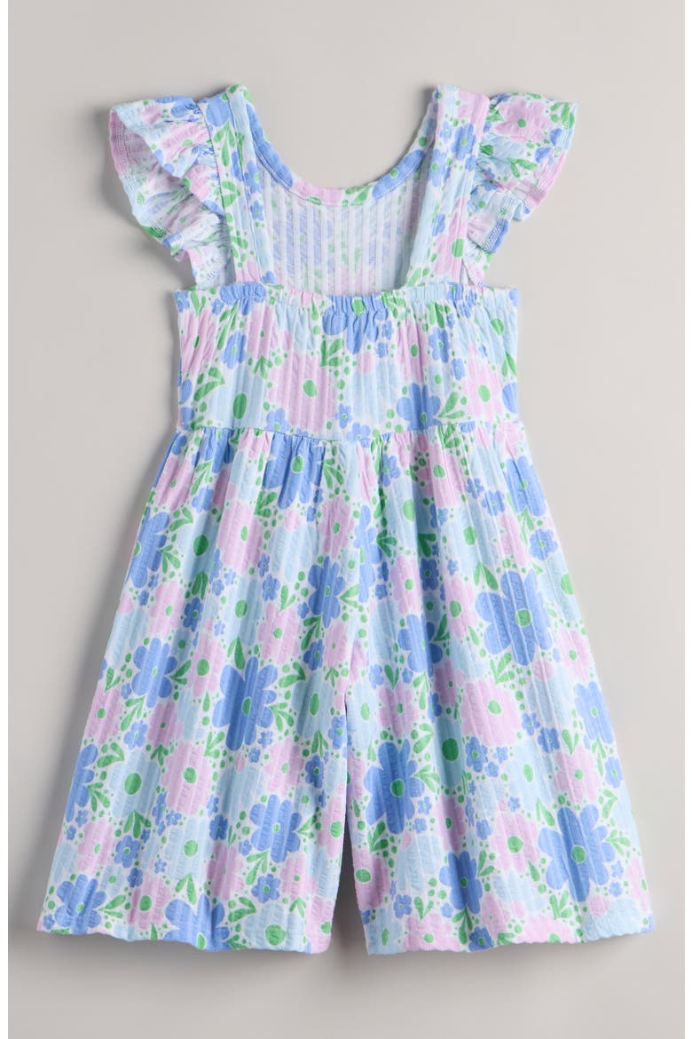 Kids' Print Flutter Sleeve Rib Romper, Alternate, color, WHITE- BLUE MEADOW FLORAL