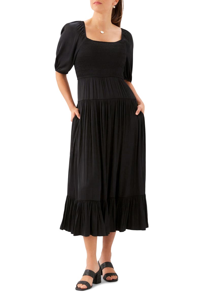 Smocked Balloon Sleeve Maxi Dress, Main, color, BLACK