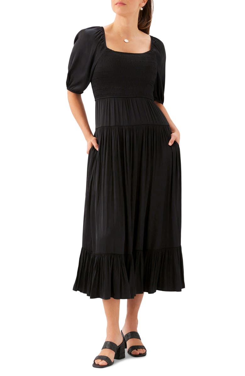 Karen Kane Smocked Puff Sleeve Midi Dress, Main, color, Black