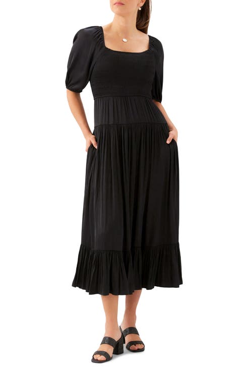 Smocked Puff Sleeve Midi Dress
