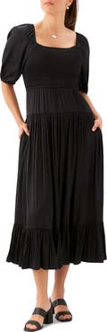 Karen Kane Smocked Puff Sleeve Midi Dress