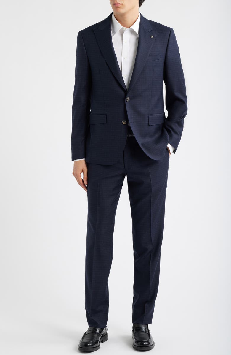 Jack Victor Engel Navy Microcheck Peak Lapel Wool Suit, Alternate, color, Navy