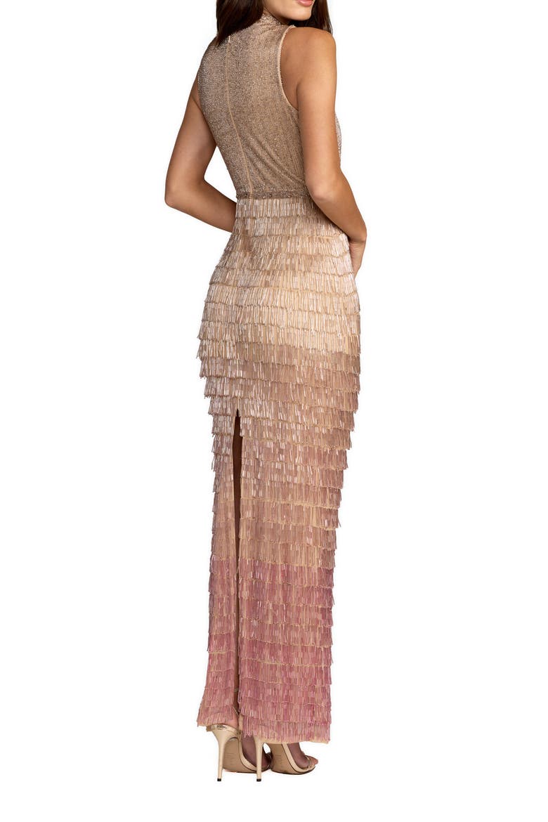 Sleeveless Beaded Mock Neck Fringe Column Gown, Alternate, color, Pink Ombre