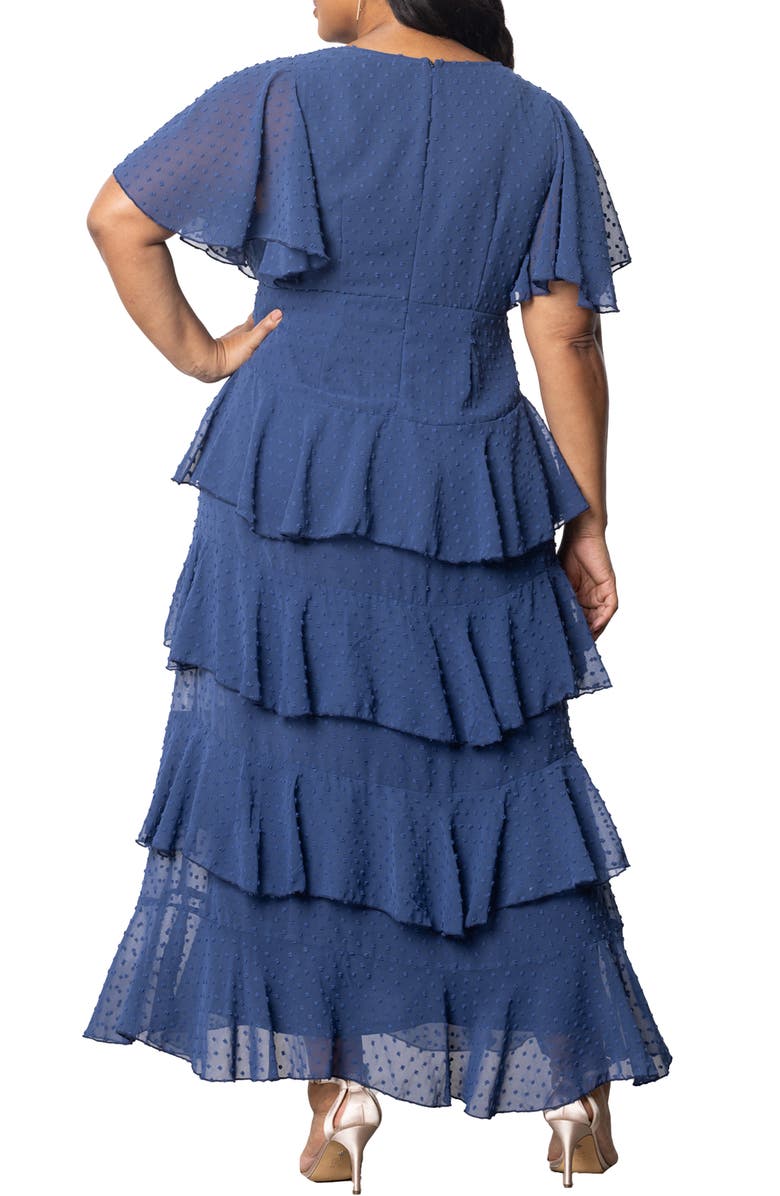 Kiyonna Tour de Flounce Tiered Maxi Dress, Alternate, color, Denim Blue Dot