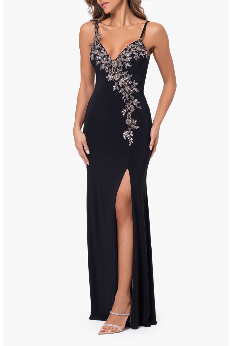 Crystal Floral Detail Sheath Gown, Alternate, color, BLACK/ NUDE