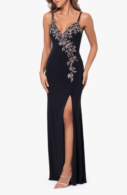 Xscape Evenings Crystal Floral Detail Sheath Gown In Black