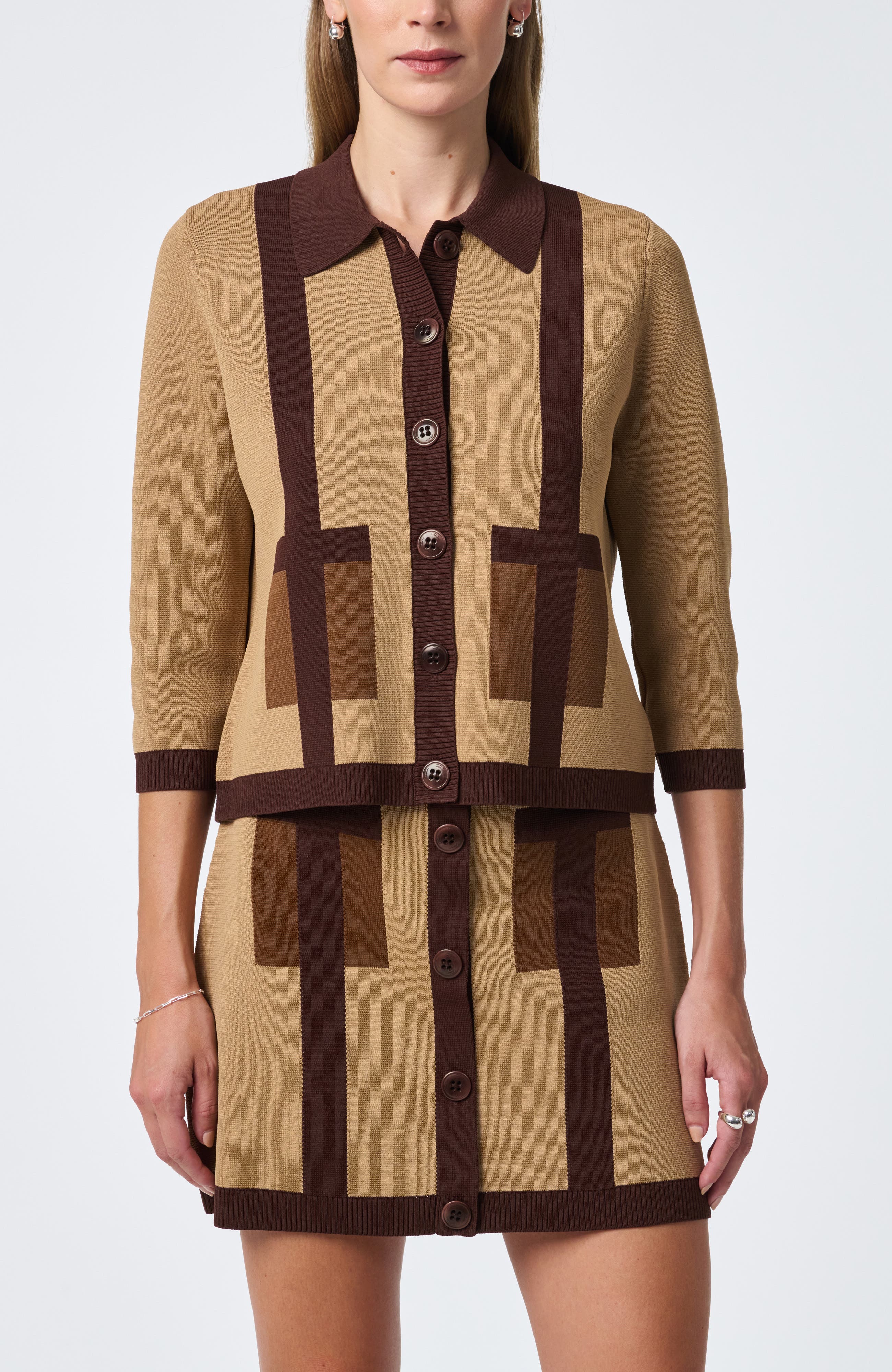 Trina Turk Gaia Colorblock Collared Cardigan In Brown