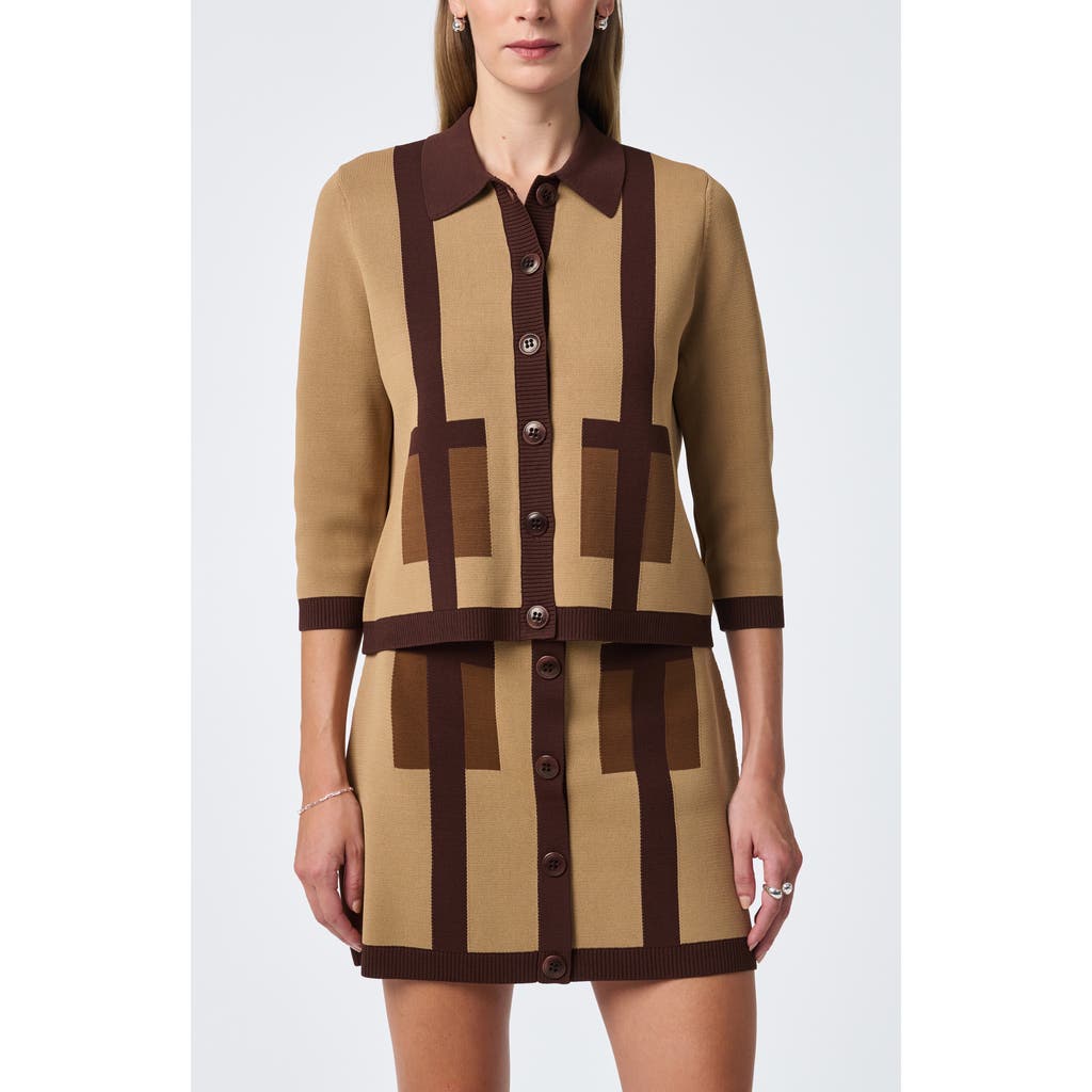 Trina Turk Gaia Colorblock Collared Cardigan In Brown