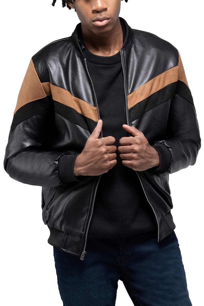 Hooded Faux Leather Jacket, Alternate, color, BLACK/ BROWN