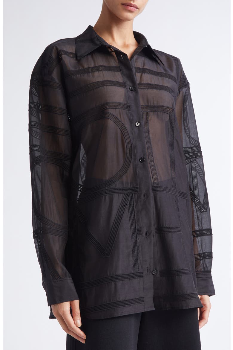 Embroidered Organic Cotton & Silk Monogram Oversize Button-Up Shirt, Alternate, color, BLACK