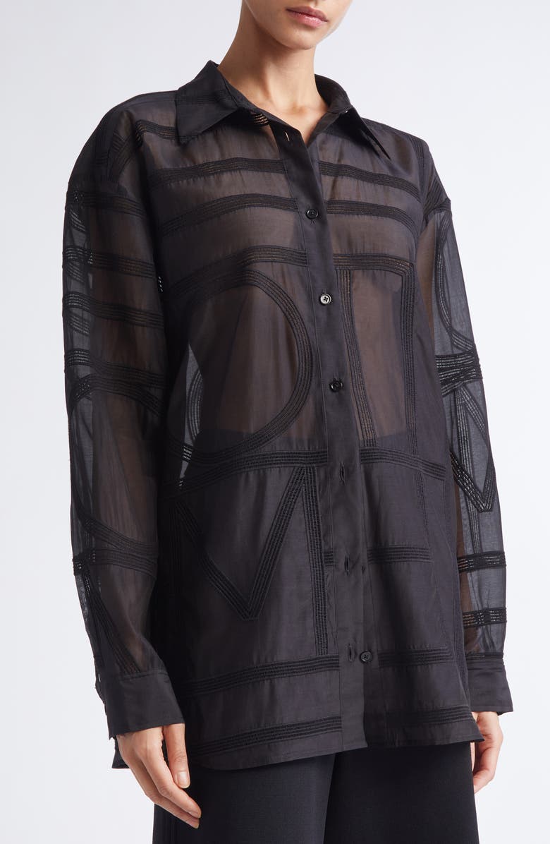 TOTEME Embroidered Organic Cotton & Silk Monogram Oversize Button-Up Shirt, Alternate, color, Black