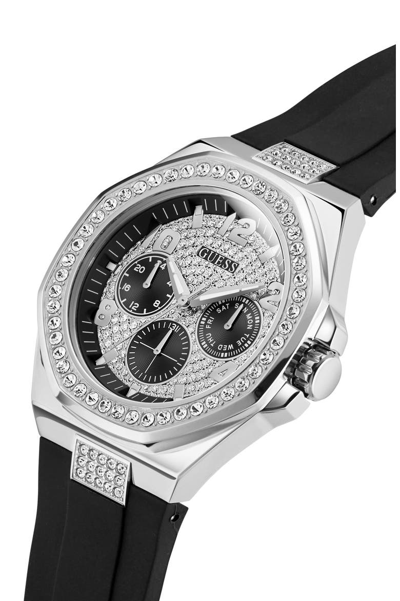 Crystal Detail Multifunction Silicone Strap Watch, 46mm, Alternate, color, BLACK/ SILVER