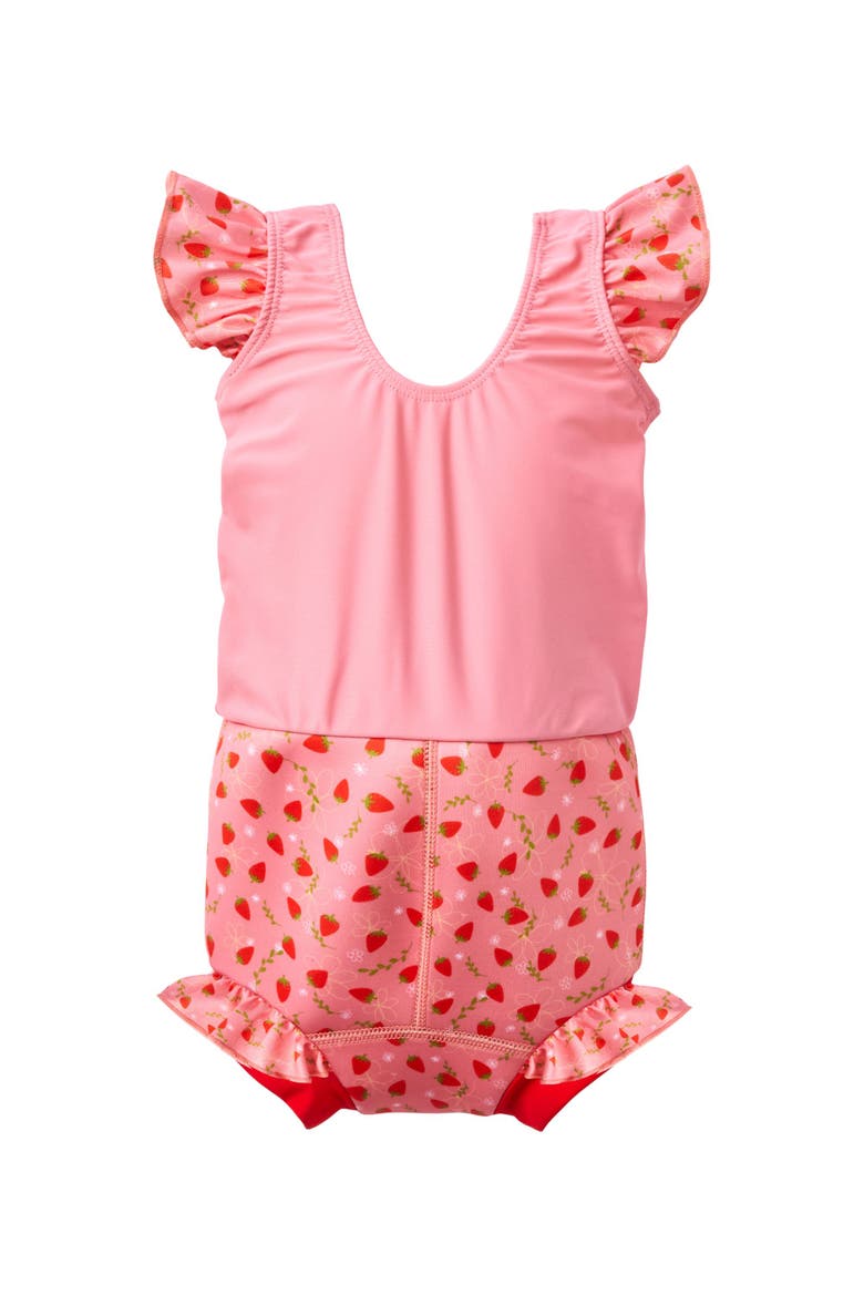 Happy Nappy Swimsuit with Reusable Swim Diaper, Alternate, color, Strawberry Field Frills