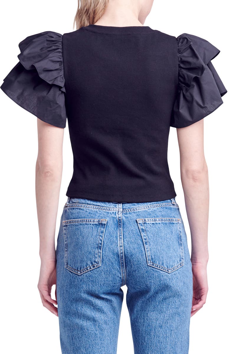 English Factory Mix Media Ruffle Sleeve Cotton Rib Top, Alternate, color, Black