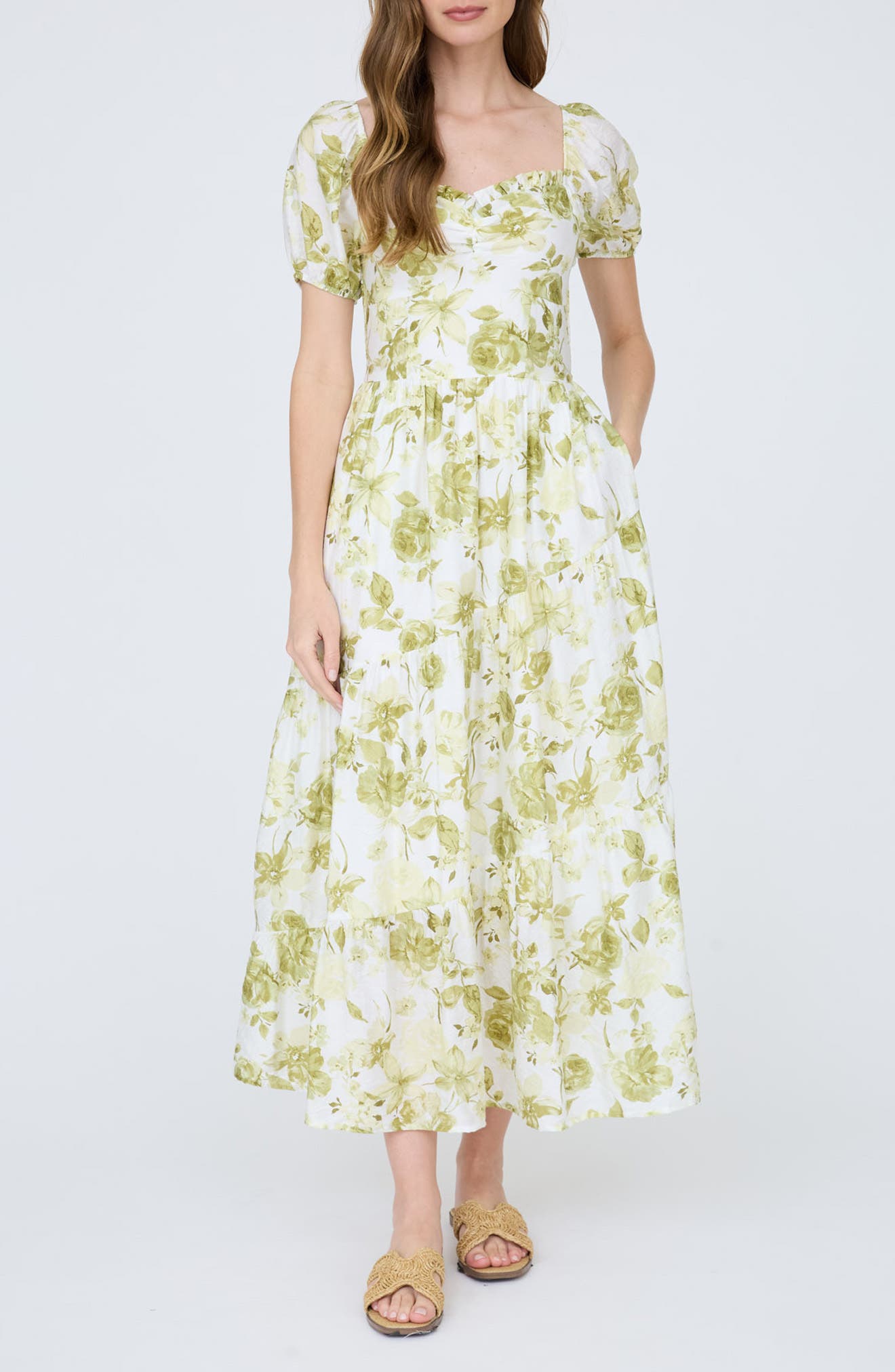 Floral Puff Sleeve Tiered Fit & Flare Midi Dress