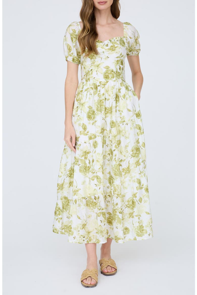 Floral Puff Sleeve Tiered Fit & Flare Midi Dress, Main, color, OLIVE