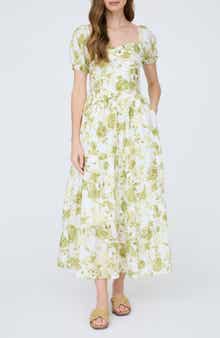 Floral Puff Sleeve Tiered Fit & Flare Midi Dress