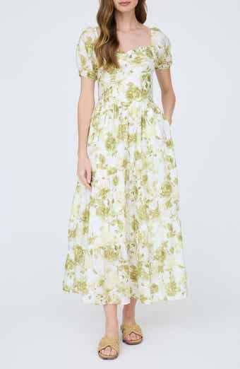 Floral Puff Sleeve Tiered Fit & Flare Midi Dress