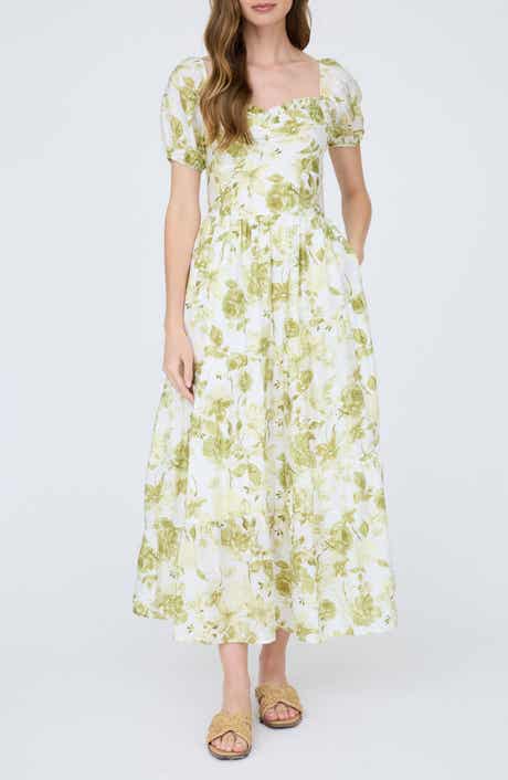 Floral Puff Sleeve Tiered Fit & Flare Midi Dress