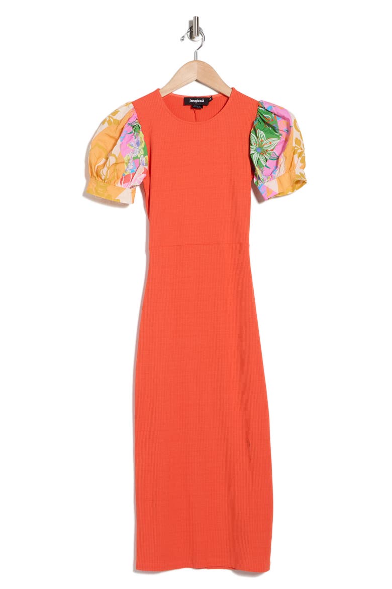 Puff Sleeve Rib Dress, Alternate, color, ORANGE