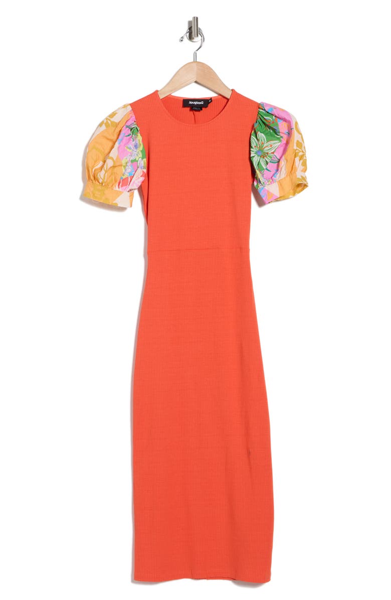 Desigual Puff Sleeve Rib Dress, Main, color, Orange