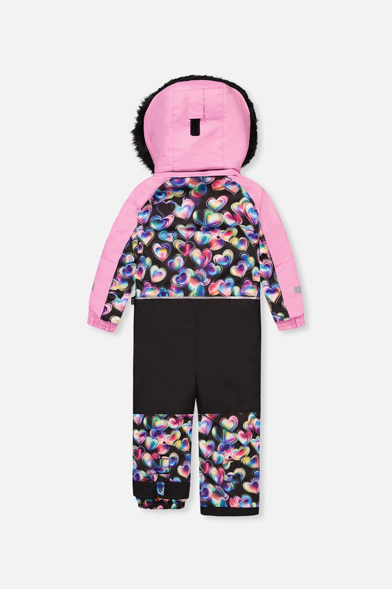 Play Heart Faux Fur Hood & Expandable Sleeve One Piece Snowsuit, Alternate, color, Black Printed with Hearts