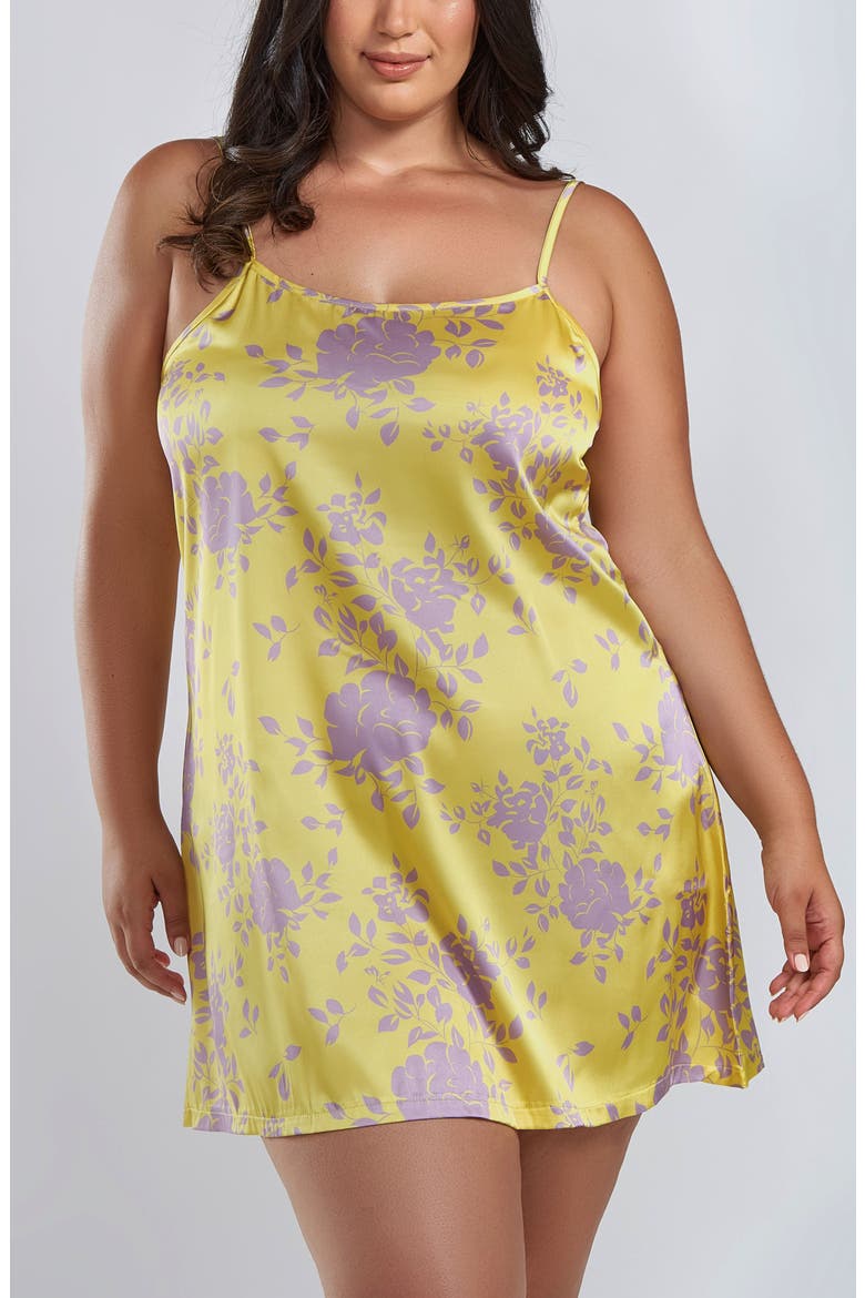 Floral Printed Satin Chemise Nightgown, Main, color, Yellow-Purple
