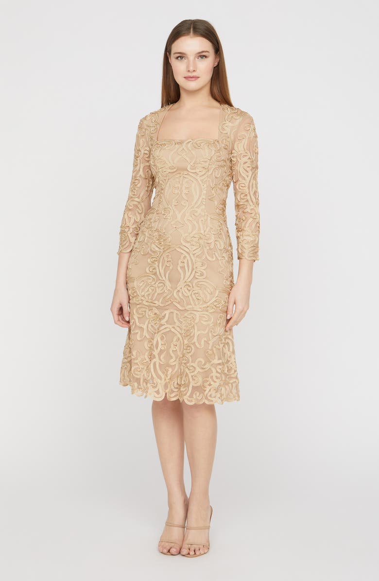 JS Collections Violette Soutache Lace Long Sleeve Cocktail Dress, Alternate, color, Gold