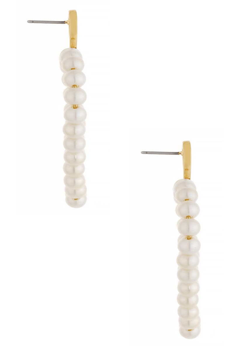 Ettika Big Heart Imitation Pearl Drop Earrings, Alternate, color, Gold