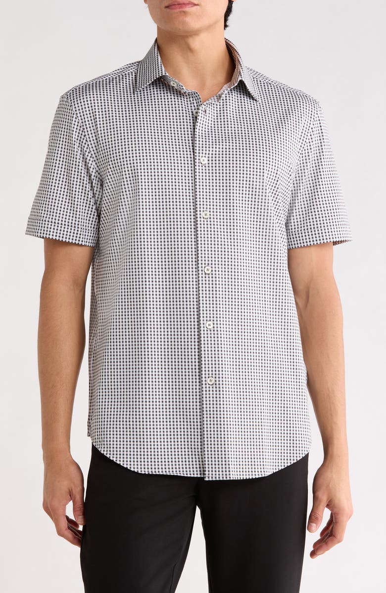 Bugatchi Plaid Stretch Cotton Short Sleeve Button-Up Shirt, Main, color, Black
