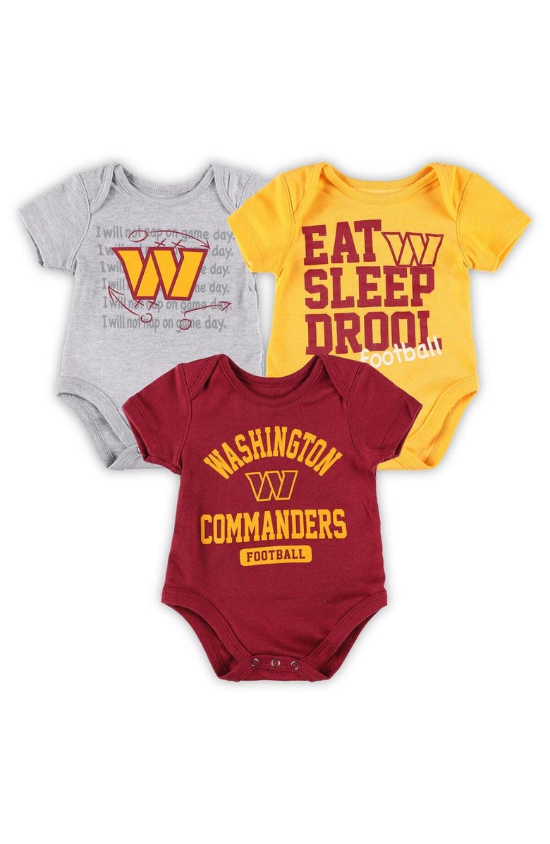 Outerstuff Newborn & Infant Burgundy/Gold/Heather Gray Washington Commanders Three-Piece Eat Sleep Drool Bodysuit Set, Main, color,