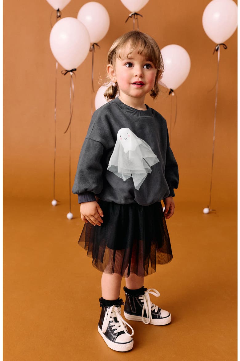 Kids' Halloween Ghost Appliqué Sweatshirt, Alternate, color, BLACK