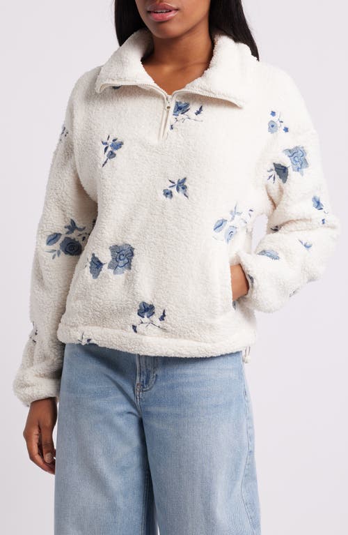 Thread & Supply Floral Embroidered Faux Shearling Quarter Zip Pullover in Ivory Blue 