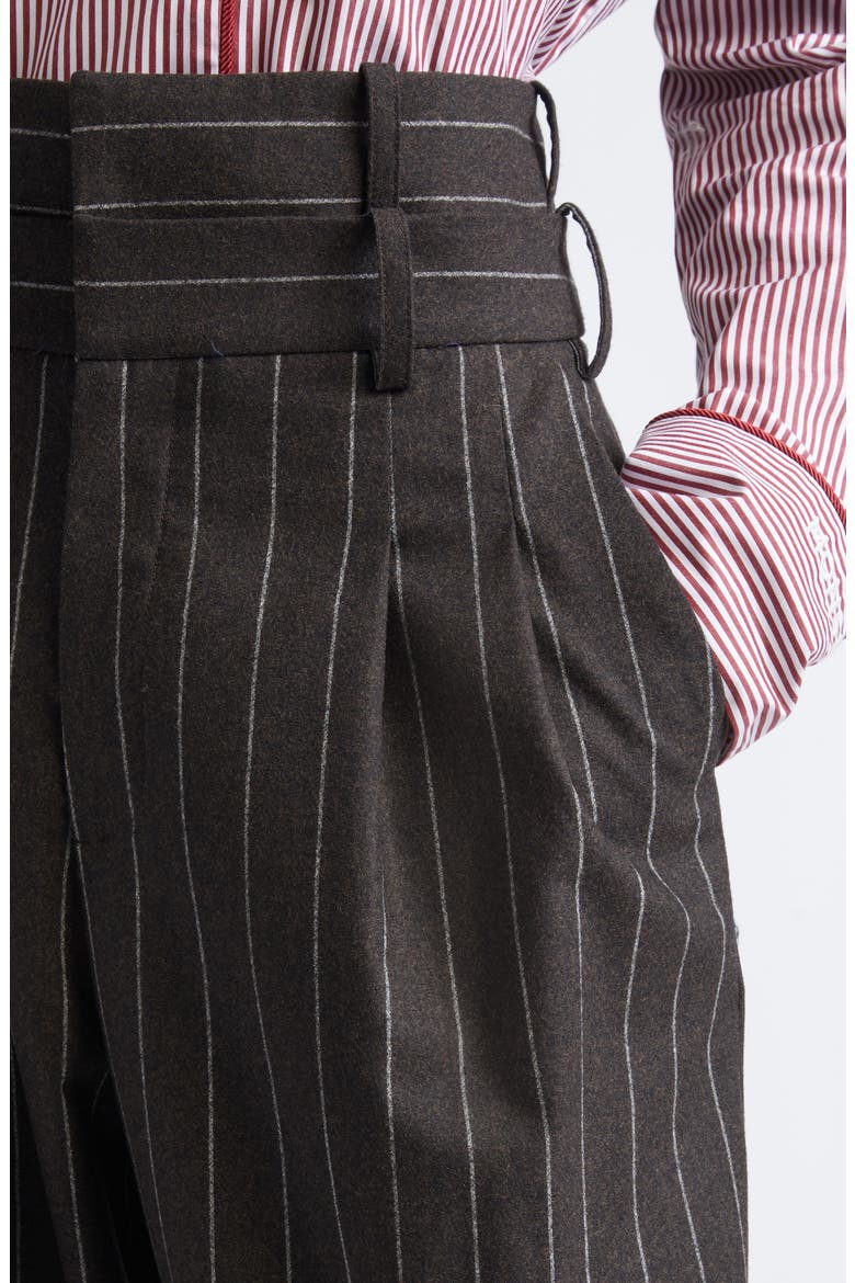Double Waistband Pleated Pinstripe Stretch Wool Straight Leg Pants, Alternate, color, BROWN