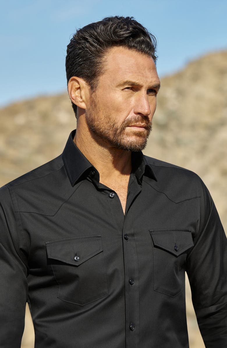 David Donahue Trim Fit Black Cotton Twill Button-Up Western Shirt, Alternate, color, Black