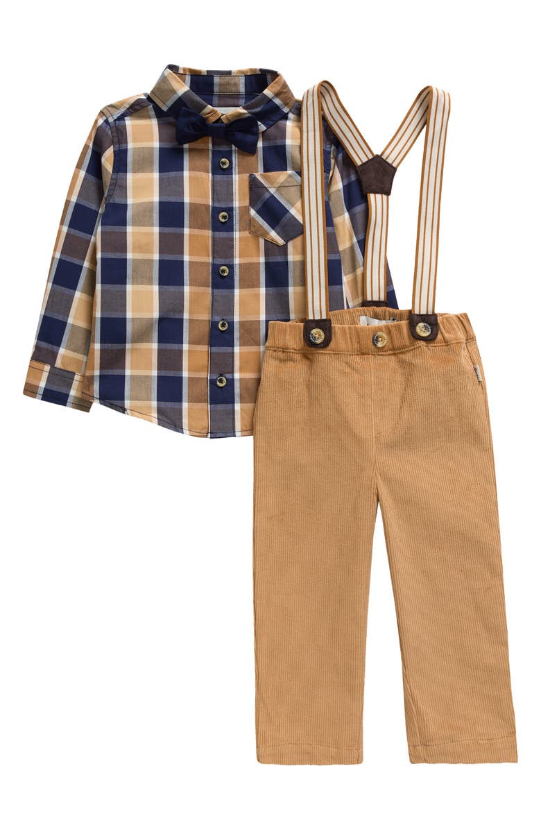 SAMMY + NAT Plaid Button-Up Shirt, Corduroy Pants, Suspenders & Bow Tie Set, Main, color, 