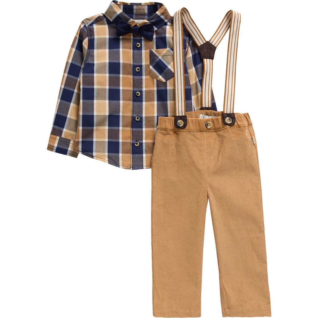 SAMMY + NAT Plaid Button-Up Shirt, Corduroy Pants, Suspenders & Bow Tie Set in Chipmunk