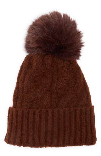 Melrose And Market Faux Fur Pompom Beanie In Brown